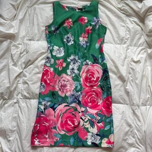 Roz & Ali Green sheath midi dress sz 6 chunky floral print  resort wedding guest